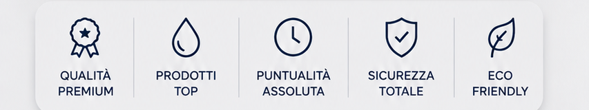 Qualità Premium, Prodotti Top, Puntualità Assoluta, Sicurezza Totale, Eco Friendly